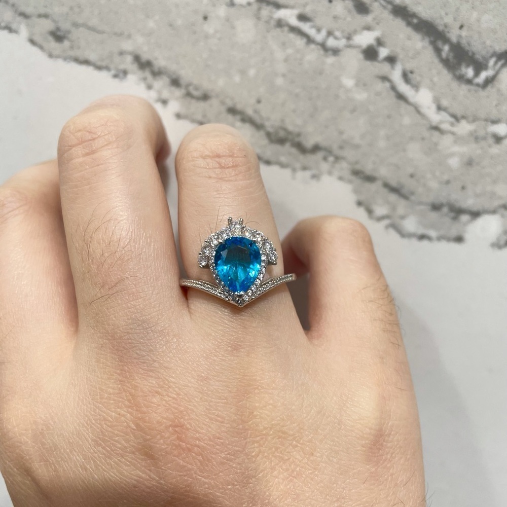 Aqua blue cubic zirconia ring  Women silver ring